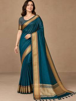 Nyri - Womens Teal Blue Organza Saree with Golden Zari Woven Border, Tassel Pallu & Blouse Piece