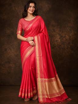 Nyri - Womens Rani Pink Organza Saree with Golden Zari Woven Border, Tassel Pallu & Blouse Piece