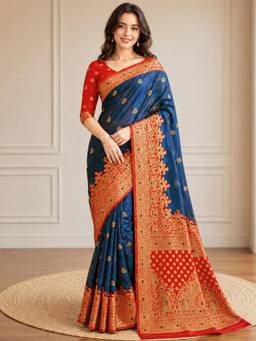 Nyri - Womens Teal Blue Banarasi Art Silk Zari Woven Saree with Red Pallu & Blouse Piece