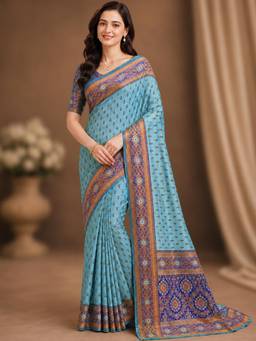 Nyri - Womens Sky Blue Banarasi Silk Blend Zari Woven Buti Saree with Blouse Piece