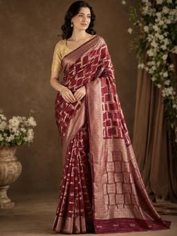 Nyri - Maroon Banarasi Silk Cotton Gold Woven Geometric Saree with Zari Border & Blouse Piece