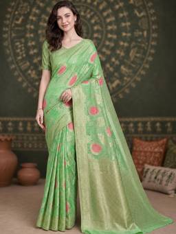 Nyri - Light Green Banarasi Linen Blend Gold Zari Floral & Paisley Woven Saree with Blouse Piece