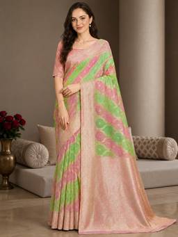 Nyri - Womens Pink & Green Banarasi Linen Blend Geometric Zari Woven Saree with Blouse Piece