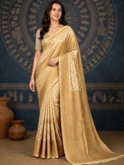 Nyri - Cream Banarasi Silk Blend Gold Zari Woven Buta Saree with Rich Pallu & Blouse Piece
