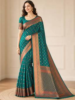 Nyri - Turquoise Blue Banarasi Art Silk Zari Woven Buti Saree with Rich Pallu & Blouse Piece