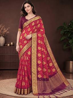 Nyri - Womens Red Pure Georgette Gold Woven Motif Saree with Zari Border & Blouse Piece