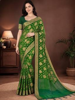 Nyri - Womens Green Pure Georgette Gold Woven Motif Saree with Zari Border & Blouse Piece