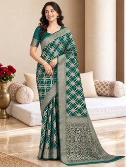 Nyri - Womens Green Banarasi Linen Blend Geometric Woven Saree with Zari Border & Blouse Piece