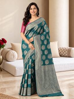 Nyri - Teal Blue Banarasi Linen Blend Metallic Woven Motif Saree with Zari Border & Blouse Piece