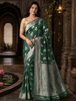 Nyri - Womens Green Banarasi Linen Blend Silver Zari Woven Buti Saree with Blouse Piece