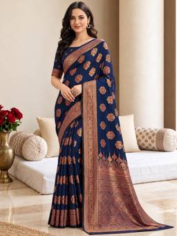 Nyri - Womens Navy Blue Banarasi Art Silk Copper-Gold Zari Woven Floral Saree with Blouse Piece