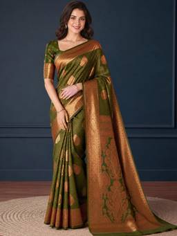 Nyri - Womens Olive Green Kanjeevaram Silk Blend Zari Woven Buta Saree with Blouse Piece