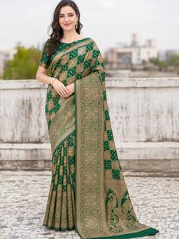 Nyri - Womens Green Banarasi Organza Gold Zari Woven Saree with Peacock Border & Blouse Piece