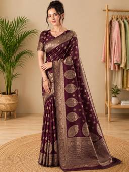 Nyri - Wine Banarasi Linen Blend Gold-Toned Woven Motif Saree with Zari Border & Blouse Piece