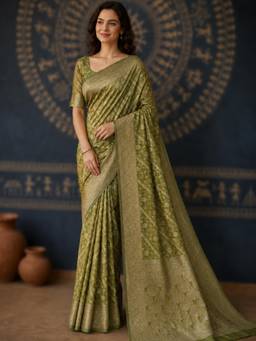 Nyri - Womens Olive Green Banarasi Organza Floral Zari Buti Woven Saree with Blouse Piece