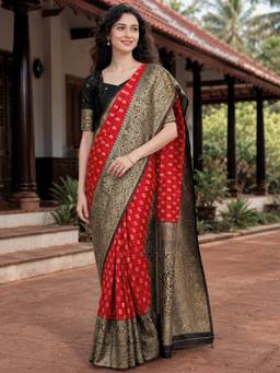 Nyri - Womens Red Kanjeevaram Art Silk Gold Zari Butta Saree with Black Border & Blouse Piece