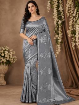 Nyri - Grey Kanjeevaram Silk Blend Self Woven Motif Zari Saree with Rich Pallu & Blouse Piece