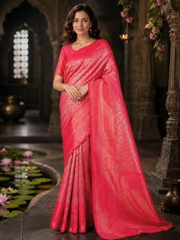 Nyri - Womens Hot Pink Dharmavaram Silk Blend Gold Zari Geometric Woven Saree with Blouse Piece
