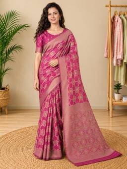 Nyri - Womens Pink Banarasi Organza Zari Woven Ethnic Motif Saree with Blouse Piece