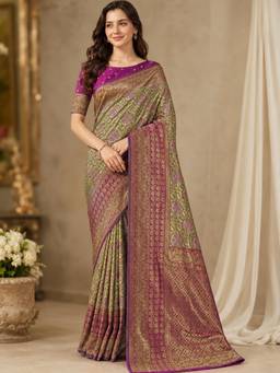 Nyri - Olive Green & Purple Dharmavaram Silk Blend Gold Zari Woven Saree with Blouse Piece
