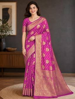 Nyri - Womens Pink Banarasi Art Silk Golden Zari Woven Buta Saree with Blouse Piece