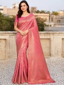 Nyri - Womens Pink Banarasi Silk Cotton Gold Zari Woven Saree with Rich Pallu & Blouse Piece