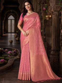 Nyri - Womens Pink Banarasi Silk Cotton Gold Zari Geometric Woven Saree with Blouse Piece