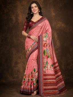 Nyri - Peach Pink Digital Printed Poly Crepe Floral Saree with Designer Pallu & Blouse Piece