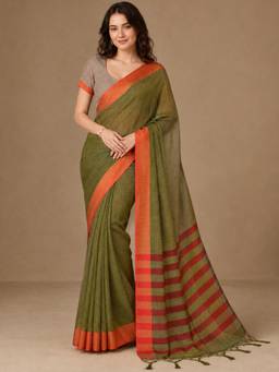 Nyri - Womens Olive Green Linen Blend Saree with Orange Border, Striped Pallu & Blouse Piece