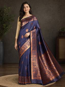 Nyri - Womens Navy Blue Banarasi Art Silk Copper Zari Woven Buta Saree with Blouse Piece