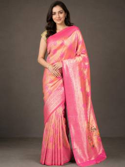 Nyri - Womens Peach Paithani Silk Blend Gold Zari Paisley Woven Saree with Blouse Piece