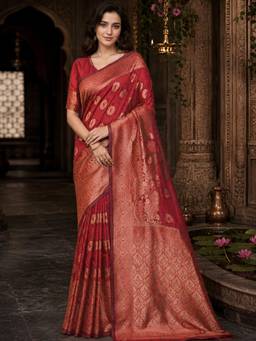 Nyri - Womens Maroon Kanjeevaram Silk Blend Gold Zari Woven Saree with Rich Pallu & Blouse Piece