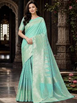Nyri - Sea Aqua Banarasi Art Silk Gold Zari Woven Buti Saree with Rich Pallu & Blouse Piece