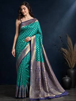 Nyri - Turquoise Blue Banarasi Art Silk Silver Zari Butta Saree with Rich Pallu & Blouse Piece