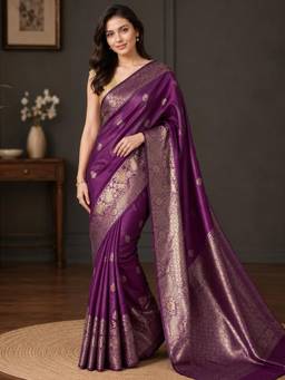 Nyri - Womens Purple Banarasi Art Silk Zari Woven Buta Saree with Rich Pallu & Blouse Piece