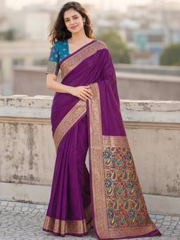 Nyri - Womens Purple Banarasi Art Silk Saree with Zari Border, Paisley Pallu & Blouse Piece