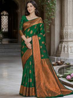 Nyri - Womens Green Kanjeevaram Silk Blend Copper Zari Floral Buti Saree with Blouse Piece