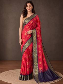 Nyri - Red Pure Georgette Tie & Dye Saree with Zari Woven Border, Tassel Pallu & Blouse Piece