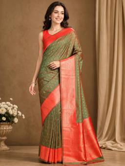 Nyri - Olive Green Banarasi Silk Blend Gold Zari Buti Saree with Red Border & Blouse Piece