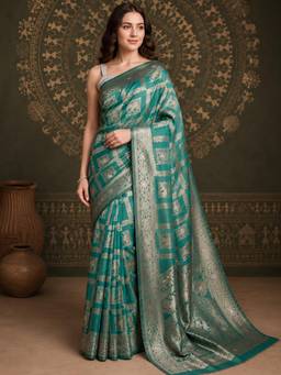 Nyri - Womens Green Banarasi Silk Cotton Silver Zari Geometric Woven Saree with Blouse Piece