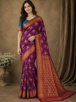Nyri - Womens Purple Banarasi Art Silk Floral Woven Saree with Copper Zari & Rich Pallu