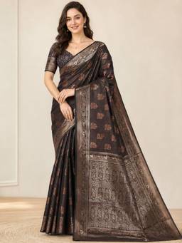 Nyri - Womens Black Kanjeevaram Silk Blend Zari Woven Saree with Rich Pallu & Blouse Piece