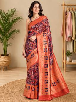 Nyri - Navy Blue & Red Patola Silk Blend Geometric Woven Saree with Rich Pallu & Blouse Piece