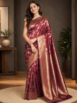Nyri - Womens Maroon Banarasi Art Silk Floral Zari Woven Saree with Rich Pallu & Blouse Piece
