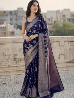 Nyri - Womens Navy Blue Banarasi Art Silk Floral Zari Woven Saree with Rich Pallu & Blouse Piece