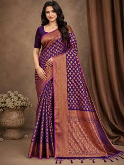 Nyri - Womens Royal Purple Banarasi Art Silk Gold Zari Buta Saree with Rich Pallu & Blouse Piece