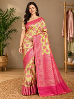 Nyri - Lime Yellow & Pink Kanjeevaram Silk Blend Woven Saree with Rich Pallu & Blouse Piece