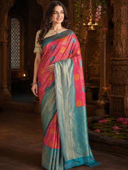 Nyri - Pink & Blue Dharmavaram Silk Blend Floral Woven Saree with Blouse Piece