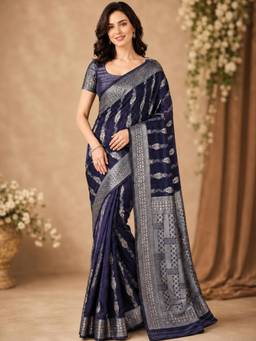 Nyri - Navy Blue Chanderi Silk Cotton Silver Zari Woven Saree with Rich Pallu & Blouse Piece