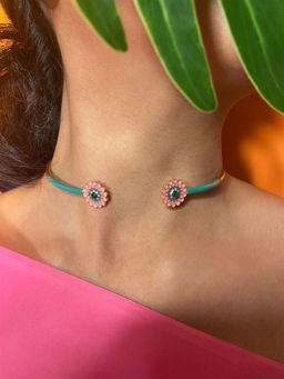 And Also - Pink and Teal Chrysanthemum Pair Choker